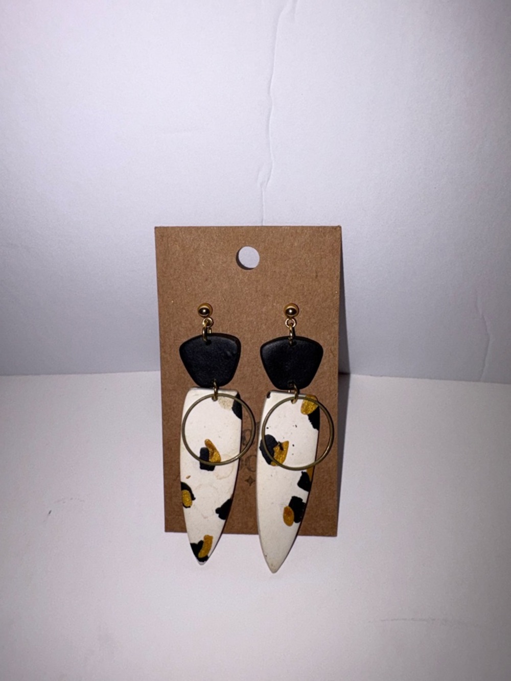 Handmade Black and White Speckled Drop Earrings with Gold Hoops